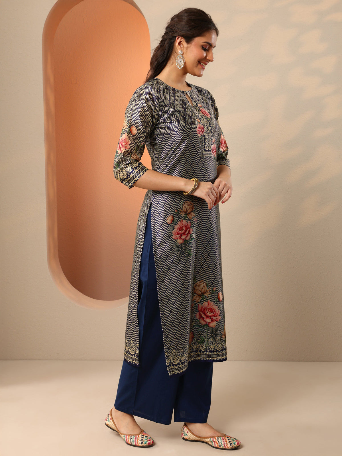 Libas Navy Blue Printed Silk Blend Straight Suit Set With Dupatta