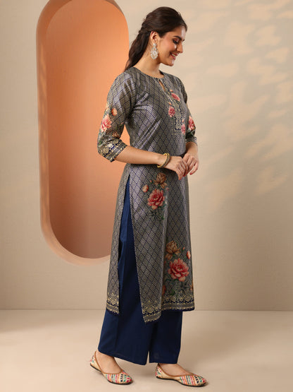 Libas Navy Blue Printed Silk Blend Straight Suit Set With Dupatta