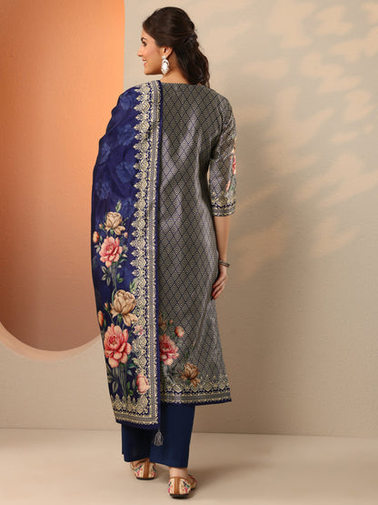 Libas Navy Blue Printed Silk Blend Straight Suit Set With Dupatta