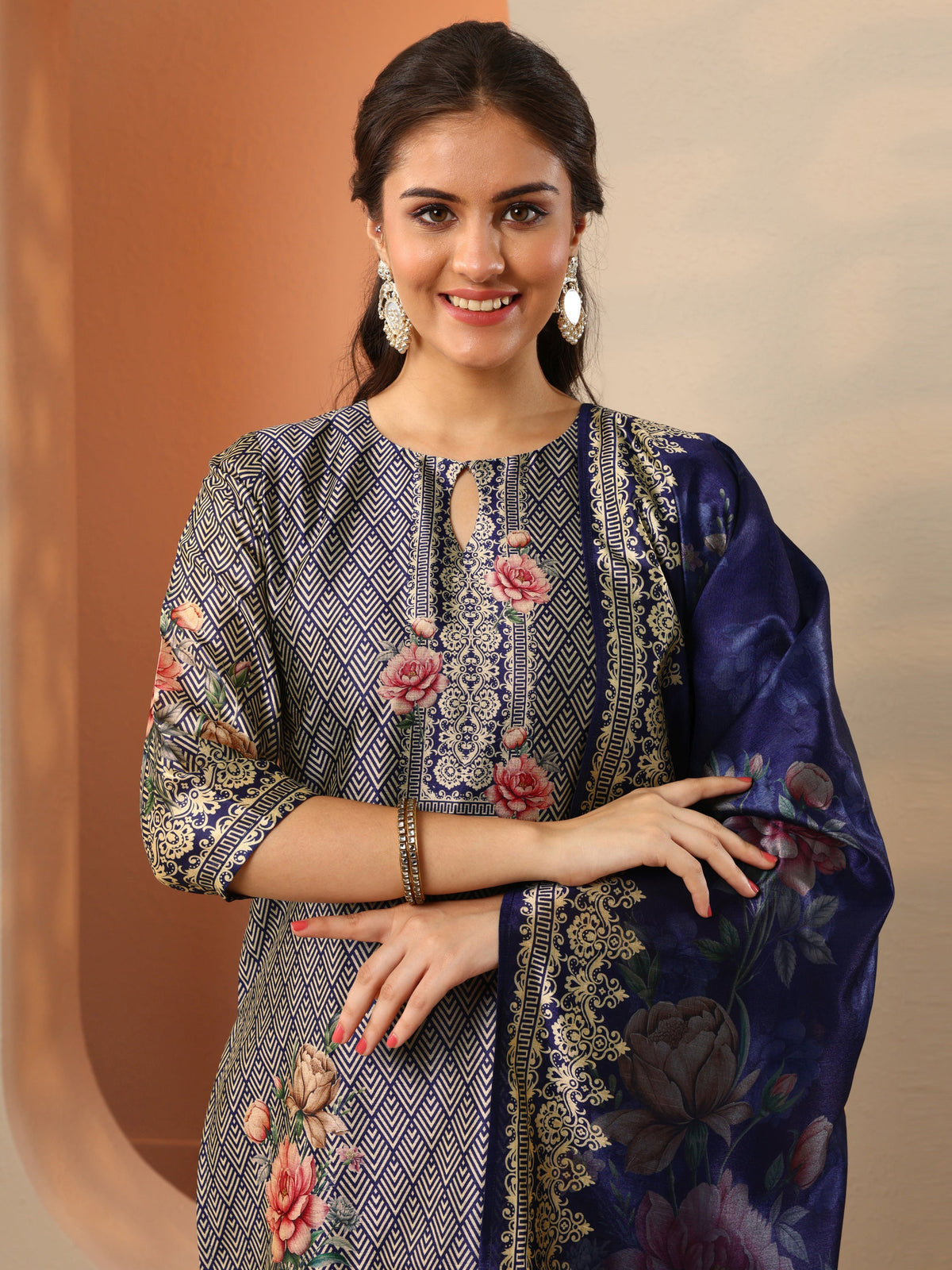 Libas Navy Blue Printed Silk Blend Straight Suit Set With Dupatta