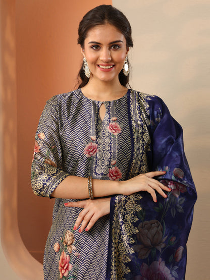Libas Navy Blue Printed Silk Blend Straight Suit Set With Dupatta