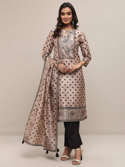 Libas Beige Printed Silk Blend Straight Suit Set With Dupatta