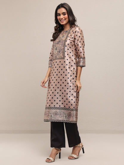 Libas Beige Printed Silk Blend Straight Suit Set With Dupatta