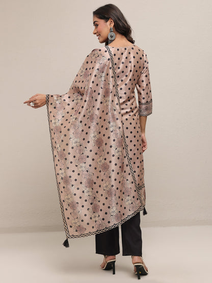 Libas Beige Printed Silk Blend Straight Suit Set With Dupatta