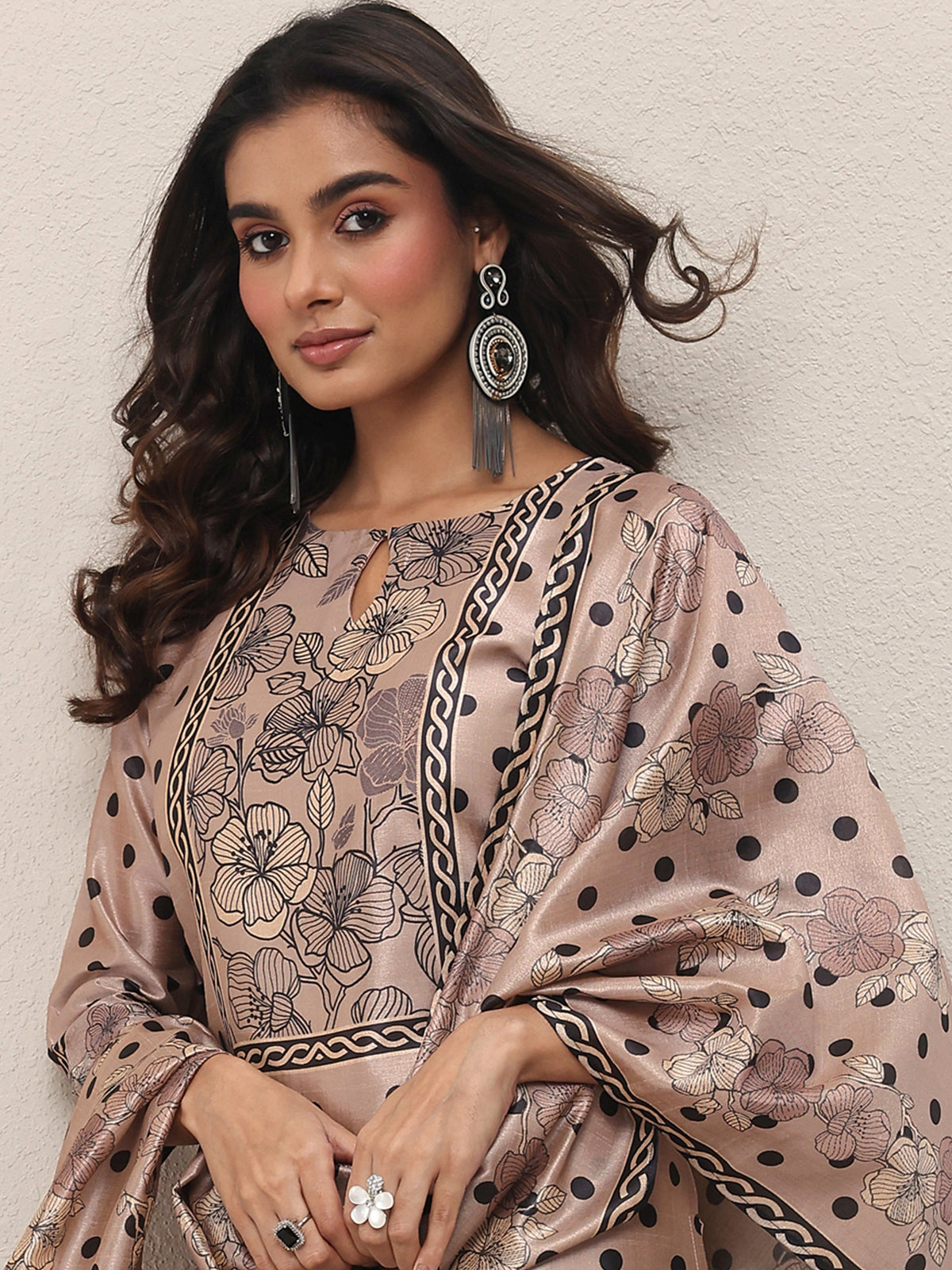Libas Beige Printed Silk Blend Straight Suit Set With Dupatta