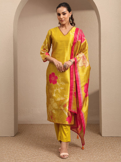 Libas Mustard Embroidered Silk Blend Straight Suit Set With Dupatta