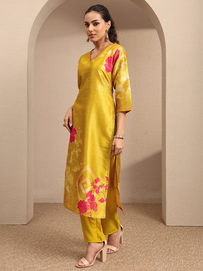 Libas Mustard Embroidered Silk Blend Straight Suit Set With Dupatta