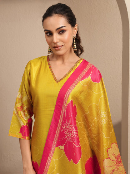 Libas Mustard Embroidered Silk Blend Straight Suit Set With Dupatta