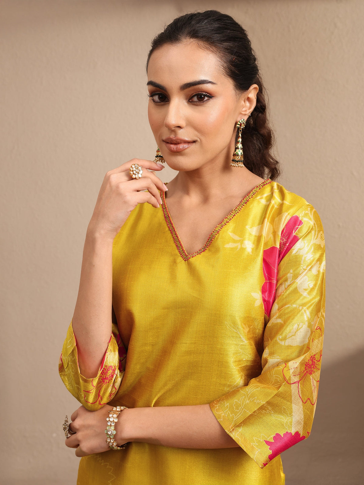 Libas Mustard Embroidered Silk Blend Straight Suit Set With Dupatta