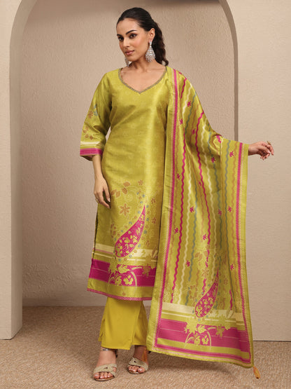 Libas Mustard Printed Silk Blend Straight Suit Set With Dupatta