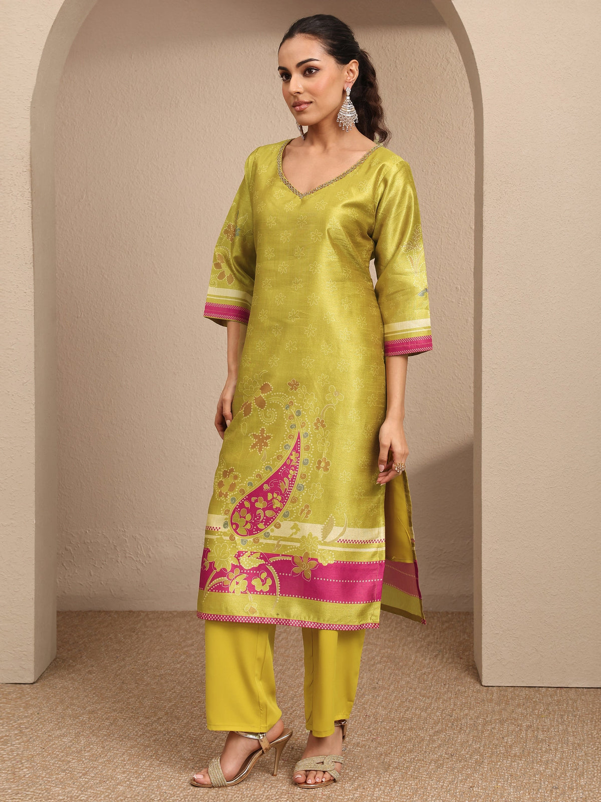 Libas Mustard Printed Silk Blend Straight Suit Set With Dupatta