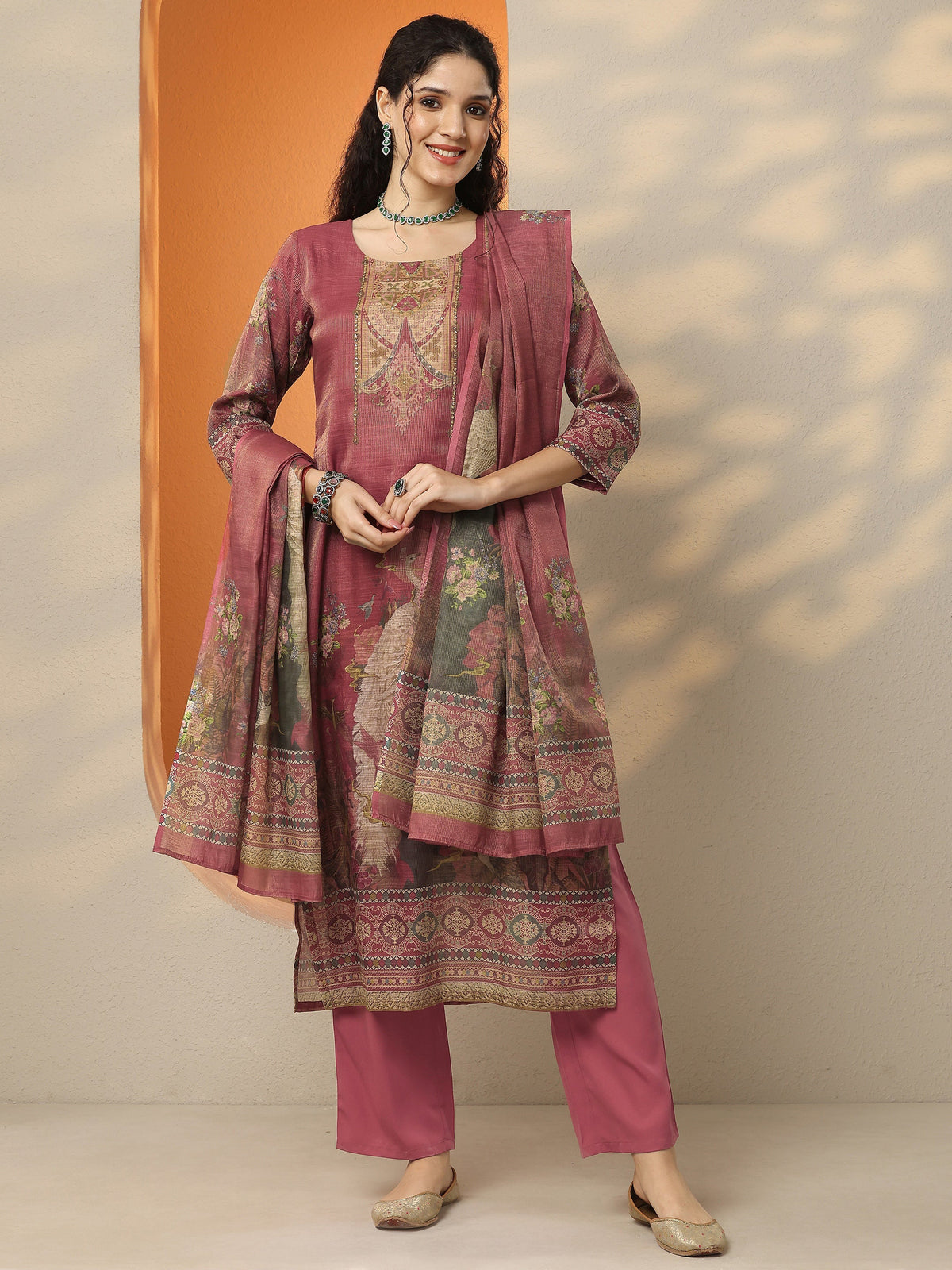 Libas Maroon Printed Silk Blend Straight Suit Set With Dupatta