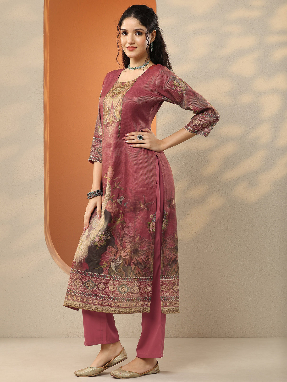 Libas Maroon Printed Silk Blend Straight Suit Set With Dupatta