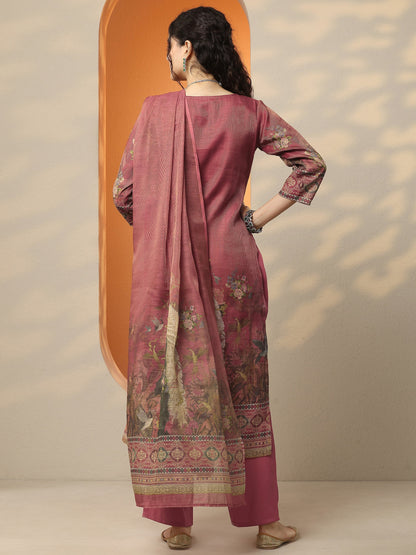 Libas Maroon Printed Silk Blend Straight Suit Set With Dupatta