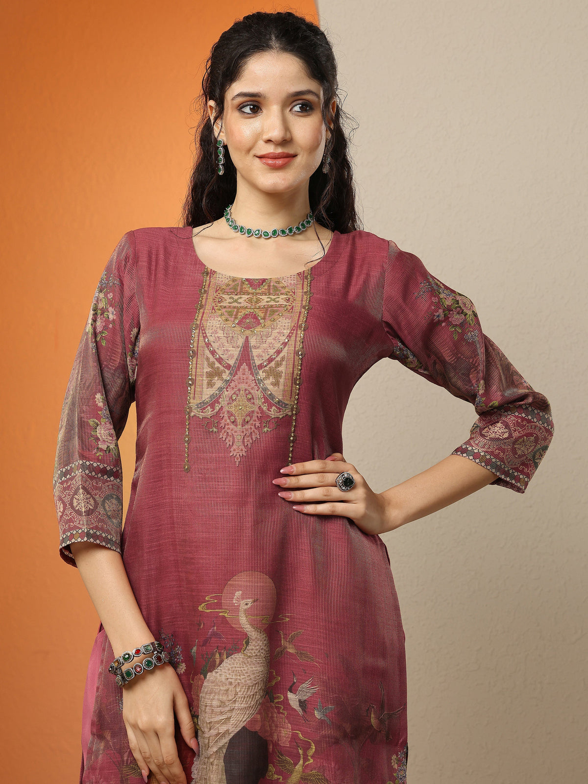 Libas Maroon Printed Silk Blend Straight Suit Set With Dupatta