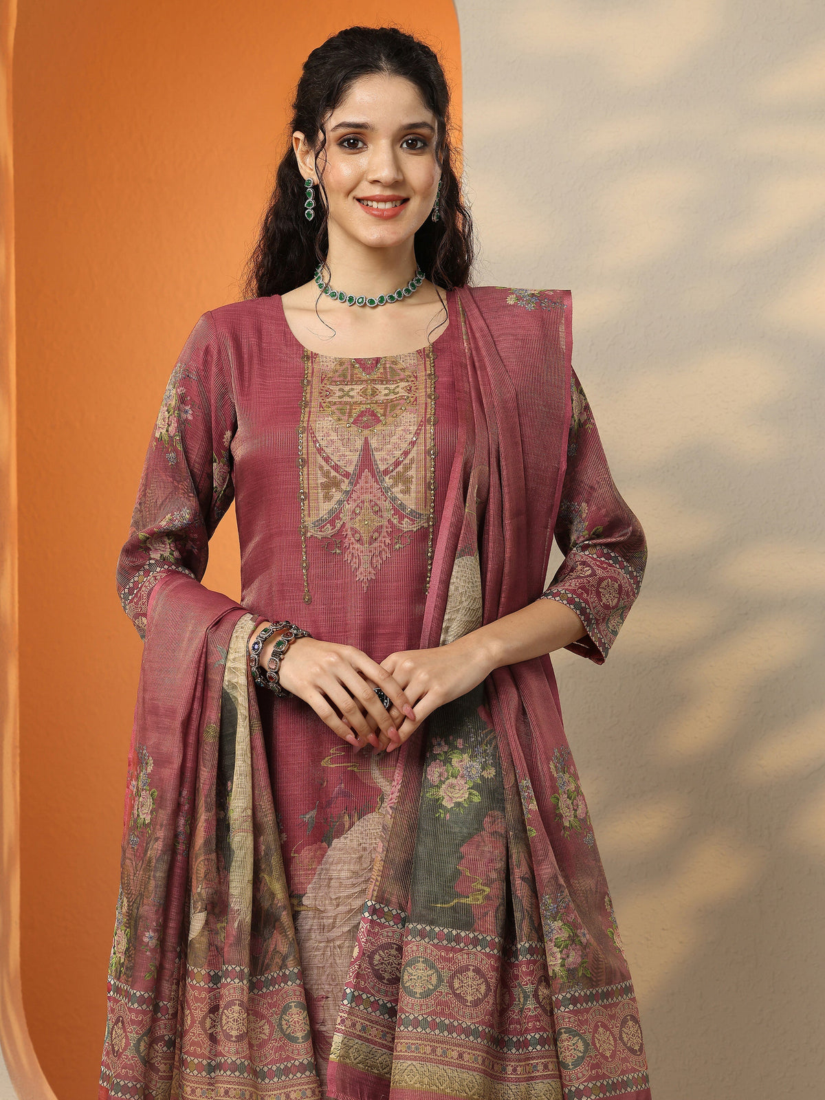 Libas Maroon Printed Silk Blend Straight Suit Set With Dupatta
