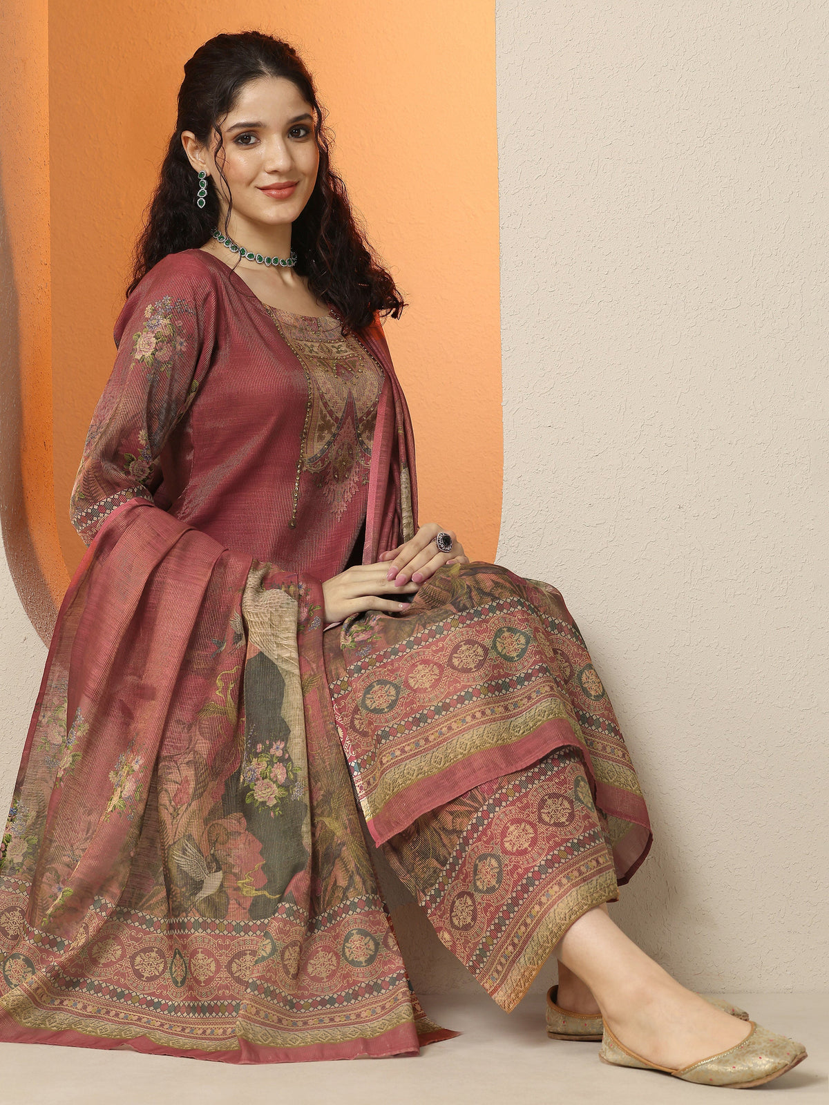 Libas Maroon Printed Silk Blend Straight Suit Set With Dupatta