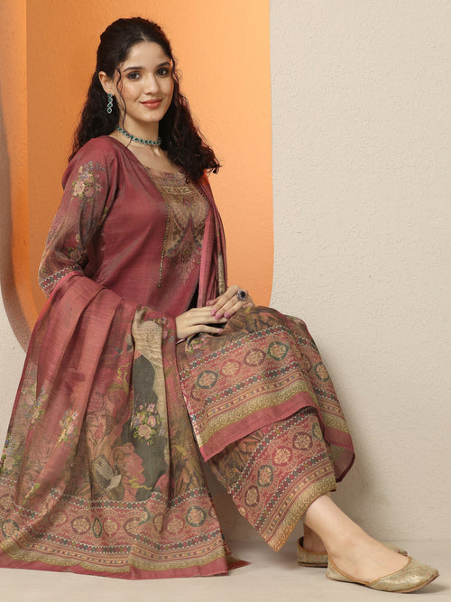 Libas Maroon Printed Silk Blend Straight Suit Set With Dupatta