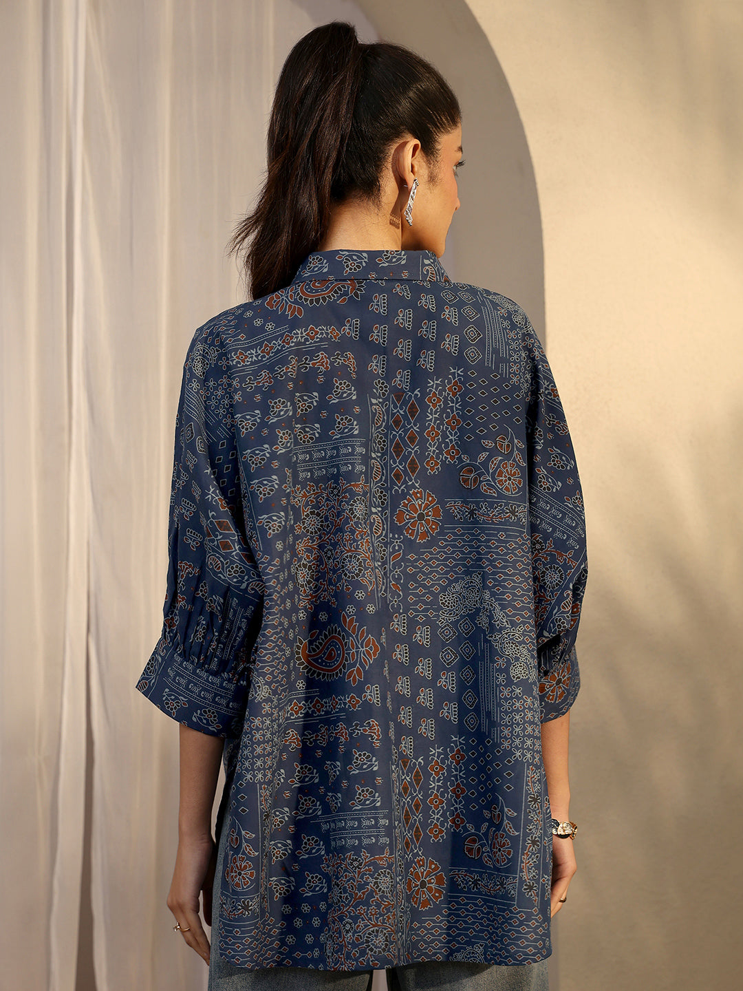 Libas Blue Paisley Printed Cotton Straight Shirt