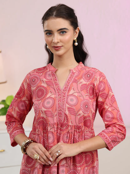 Libas Peach Floral Printed Cotton A-Line Pleated Top