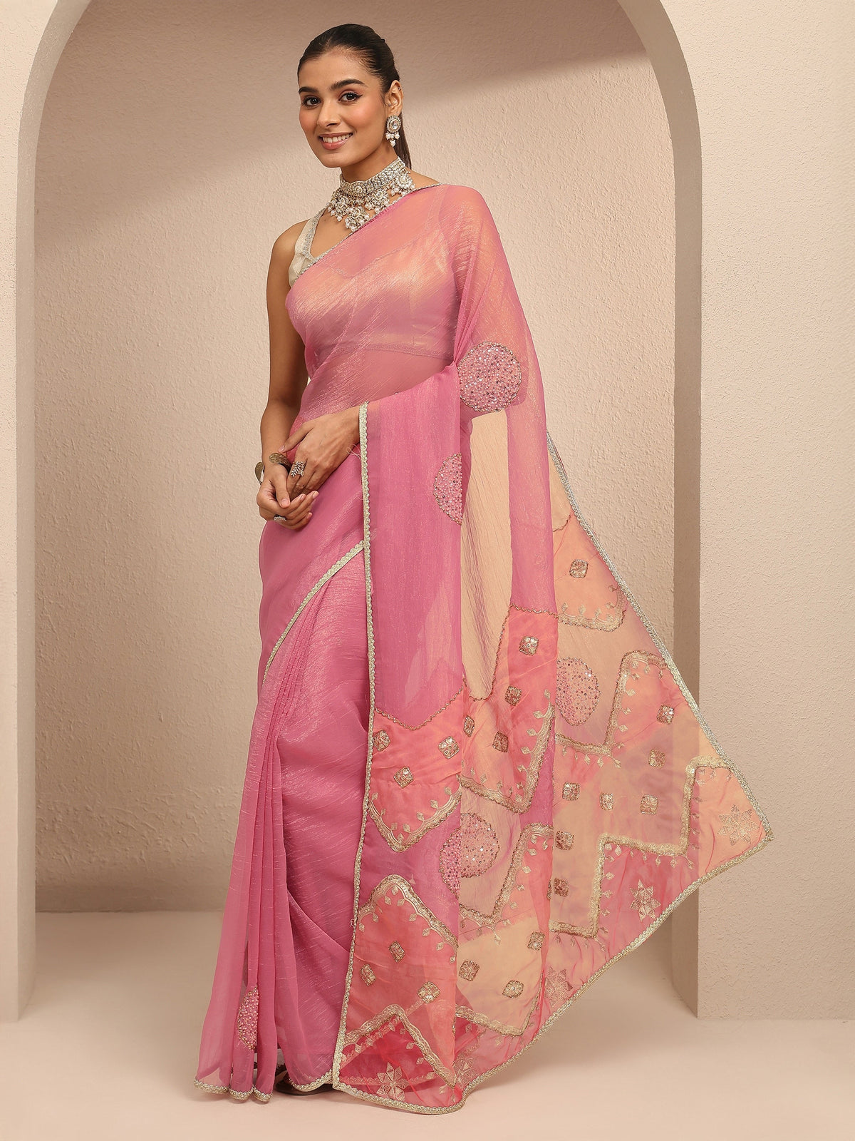 Libas Peach Embellished Silk Blend Saree With Unstitched Blouse Piece
