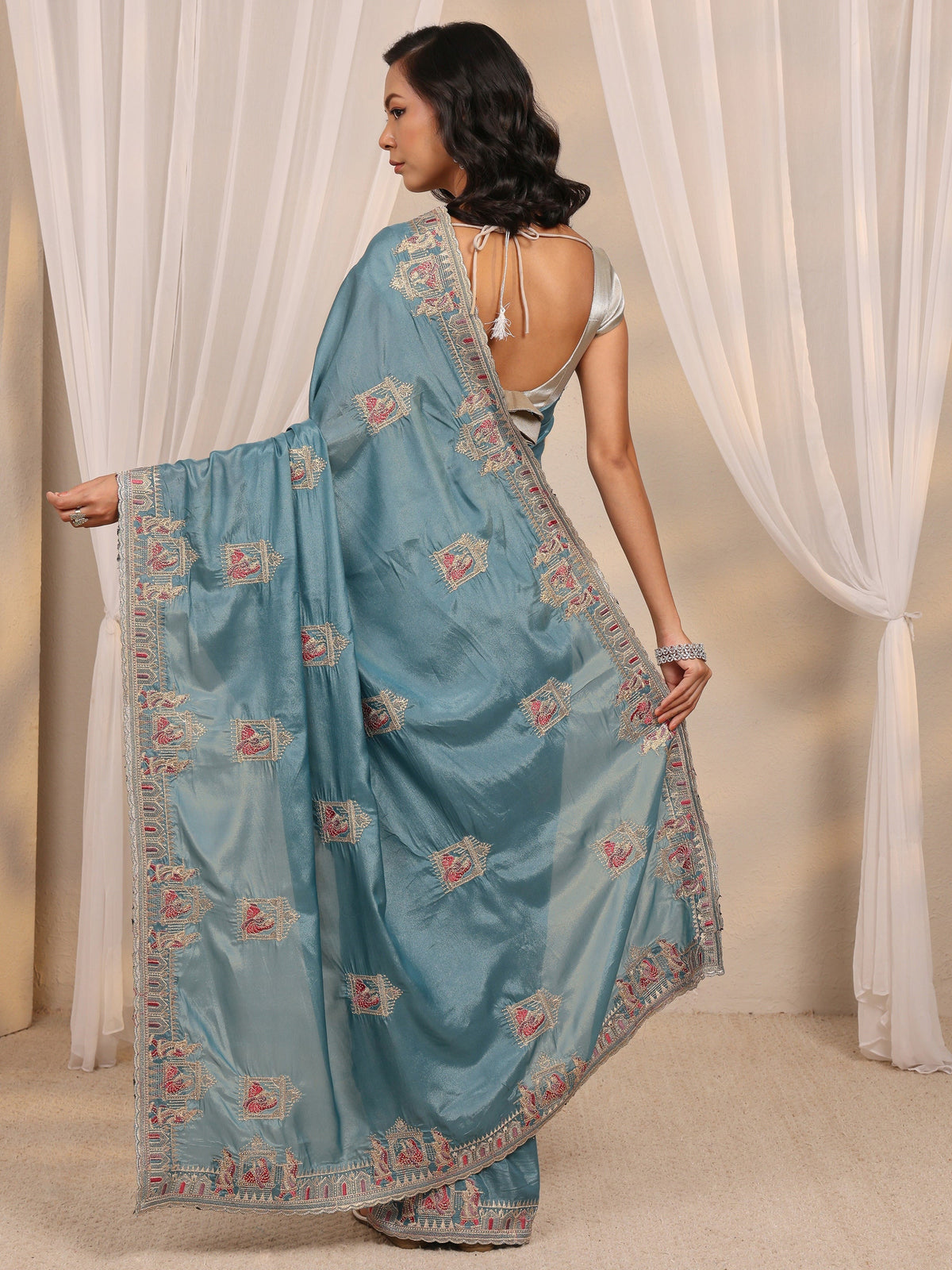 Libas Blue Ethnic Motif Embellished Satin Saree With Unstitched Blouse Piece
