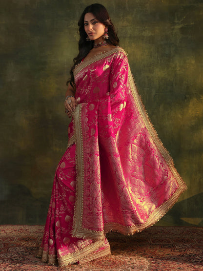 Libas Art Pink Banarasi Silk Saree With Unstitched Blouse Piece