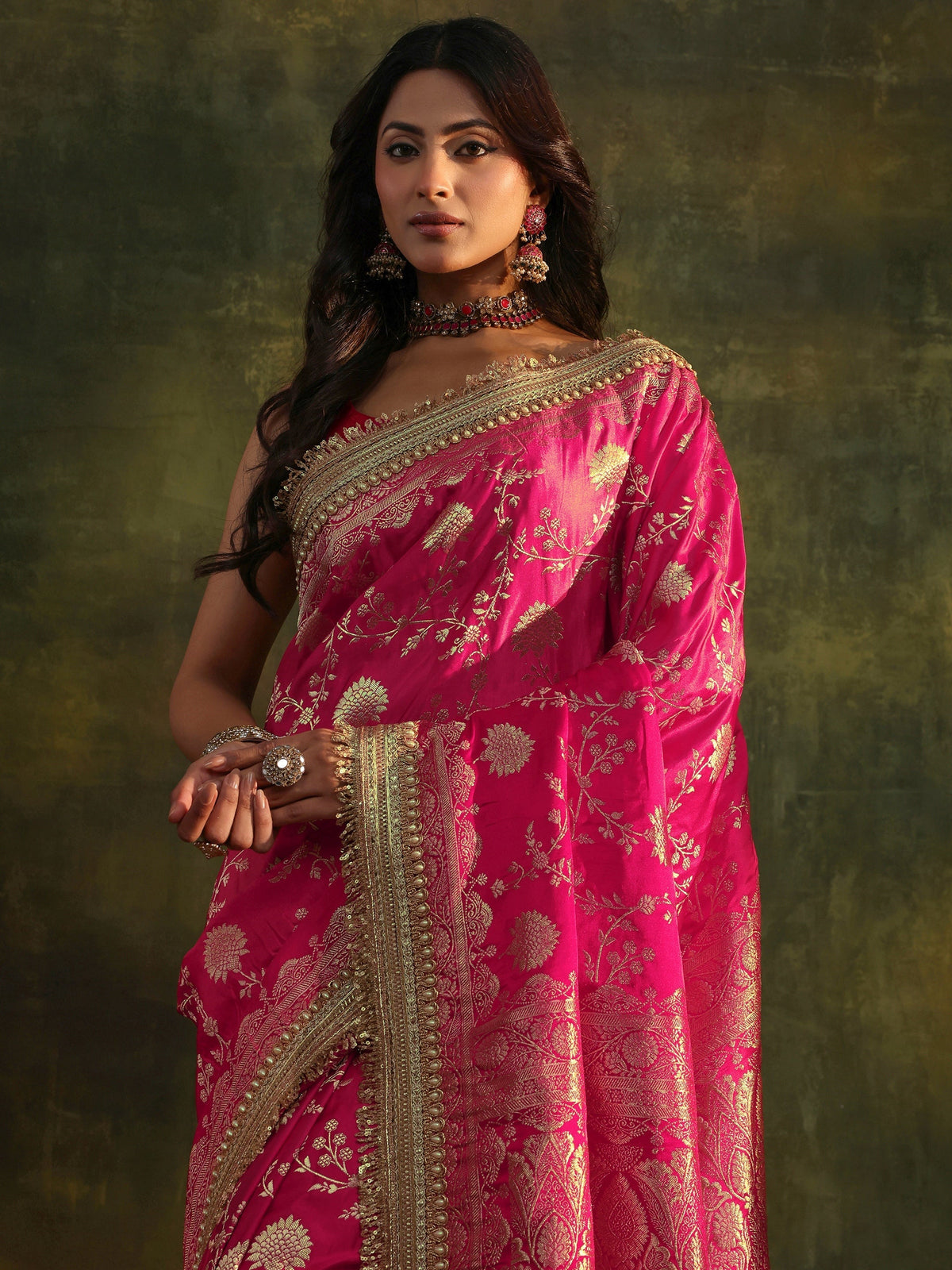 Libas Art Pink Banarasi Silk Saree With Unstitched Blouse Piece