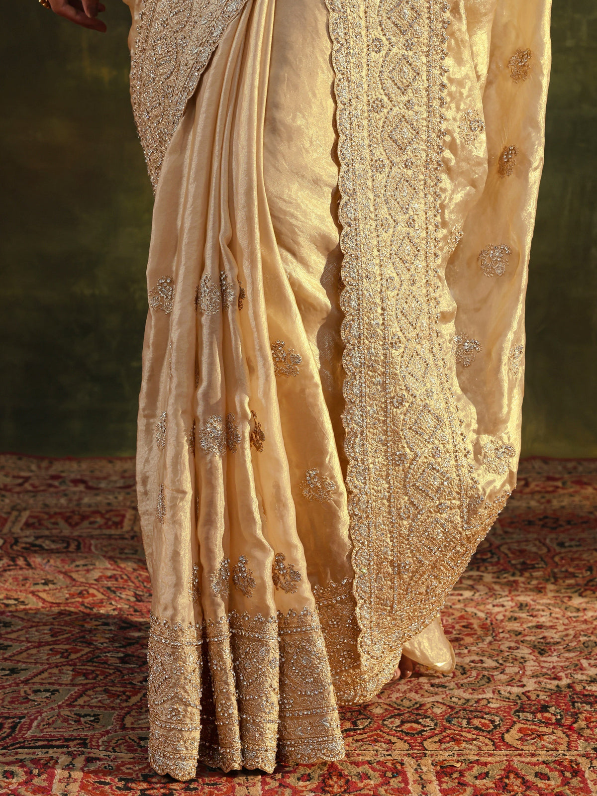 Libas Art Beige Embellished Tissue Saree With Unstitched Blouse Piece
