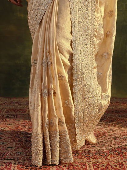 Libas Art Beige Embellished Tissue Saree With Unstitched Blouse Piece