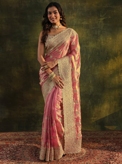 Libas Art Peach Embellished Tissue Saree With Unstitched Blouse Piece