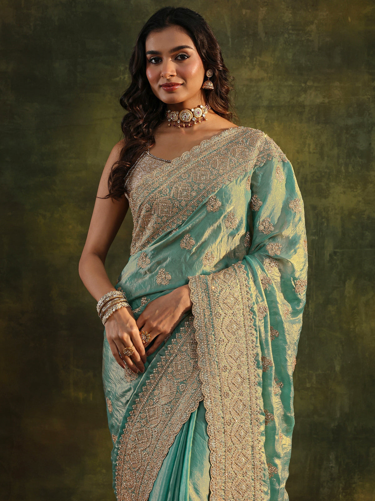Libas Art Blue Embellished Tissue Saree With Unstitched Blouse Piece