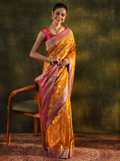 Libas Art Mustard Woven Design Silk Blend Banarasi Saree With Unstitched Blouse Piece