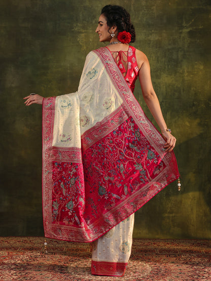 Libas Art Off White Ethnic Woven Design Satin Saree With Unstitched Blouse Piece