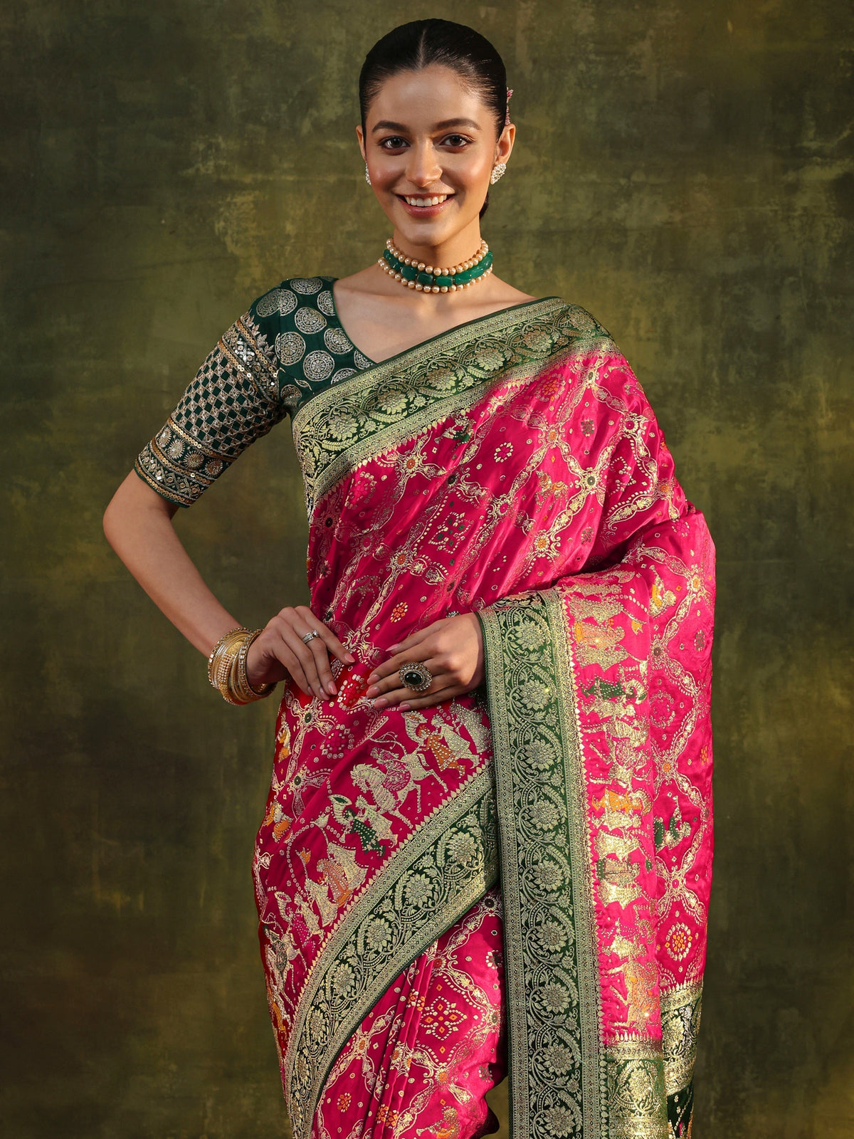 Libas Art Pink Gharchola Woven Design Satin Saree With Unstitched Blouse Piece