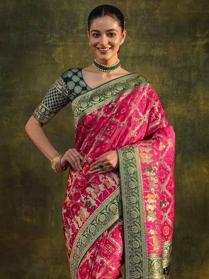 Libas Art Pink Gharchola Woven Design Satin Saree With Unstitched Blouse Piece