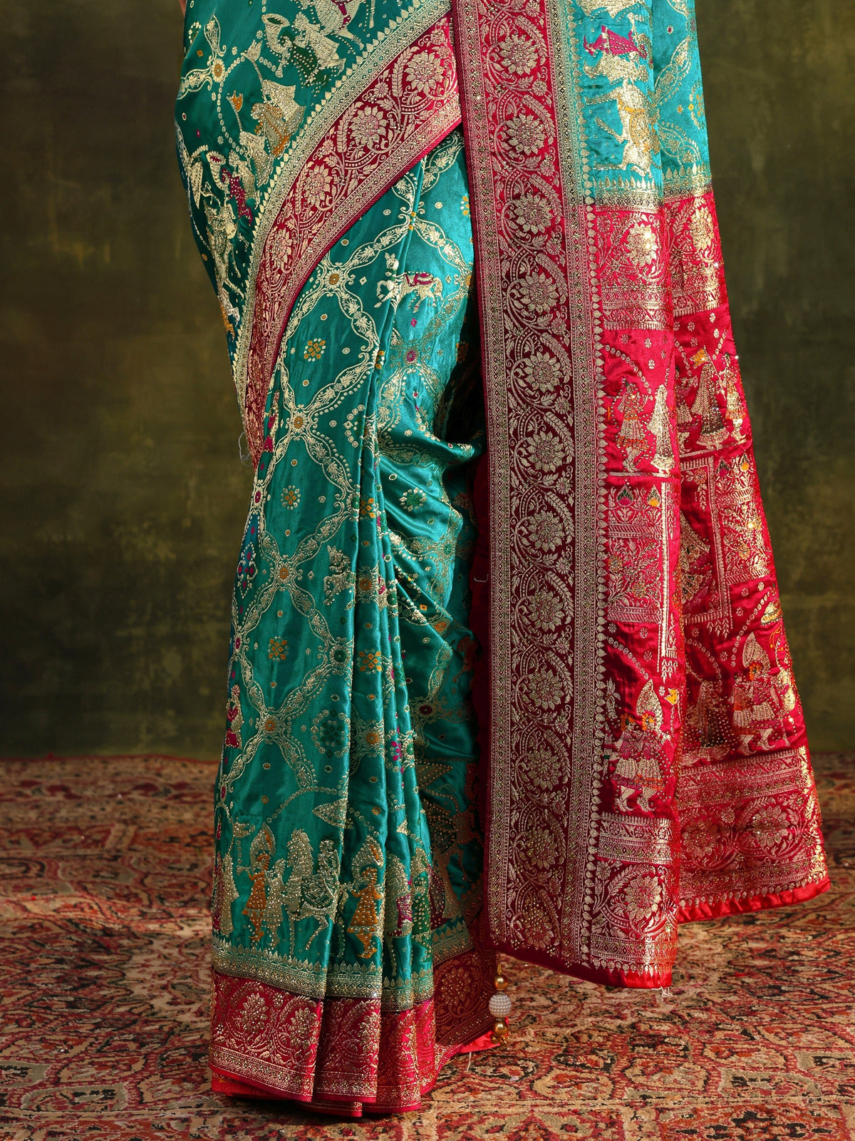 Libas Art Blue Gharchola Woven Design Satin Saree With Unstitched Blouse Piece