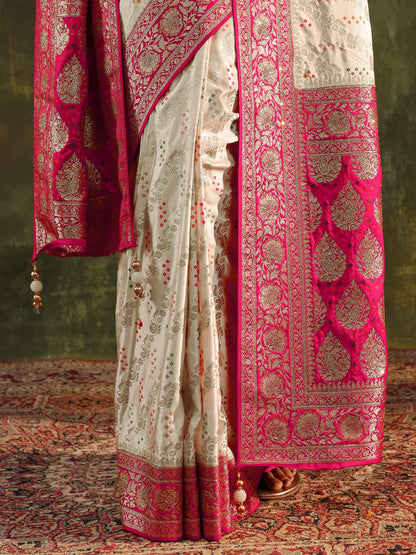 Libas Art Ivory Gharchola Satin Saree With Unstitched Blouse Piece