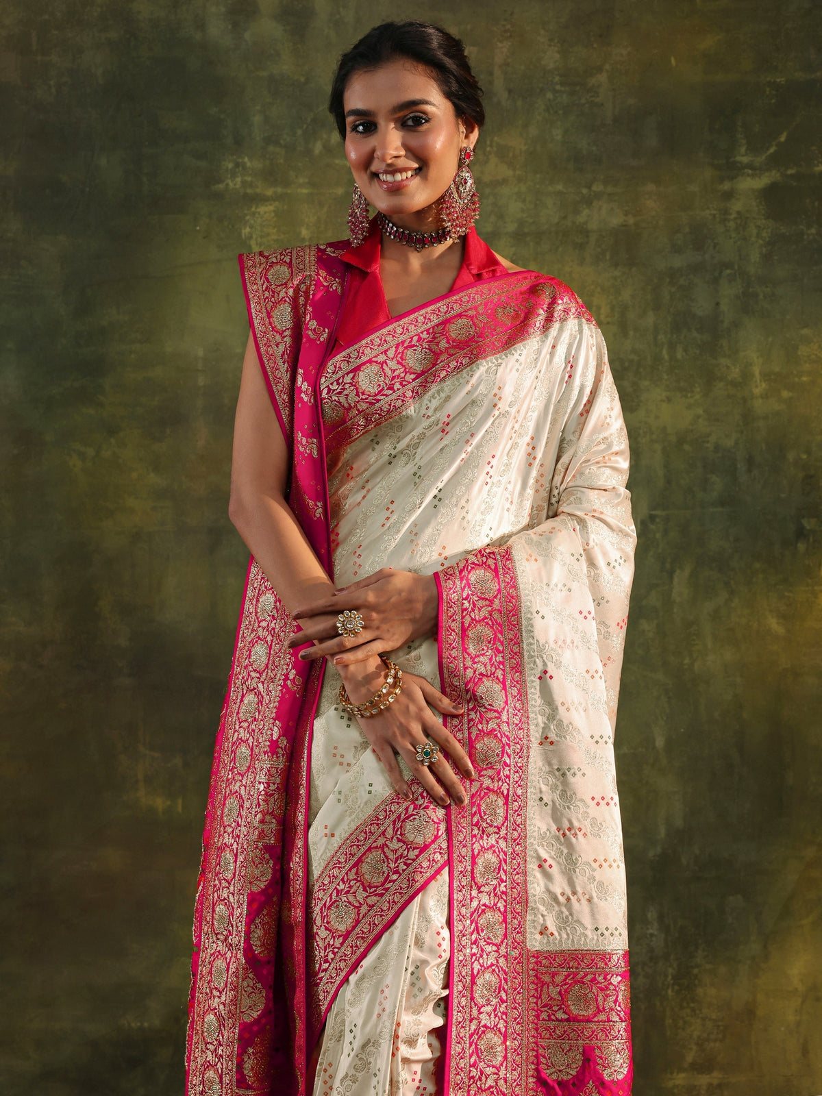 Libas Art Ivory Gharchola Satin Saree With Unstitched Blouse Piece