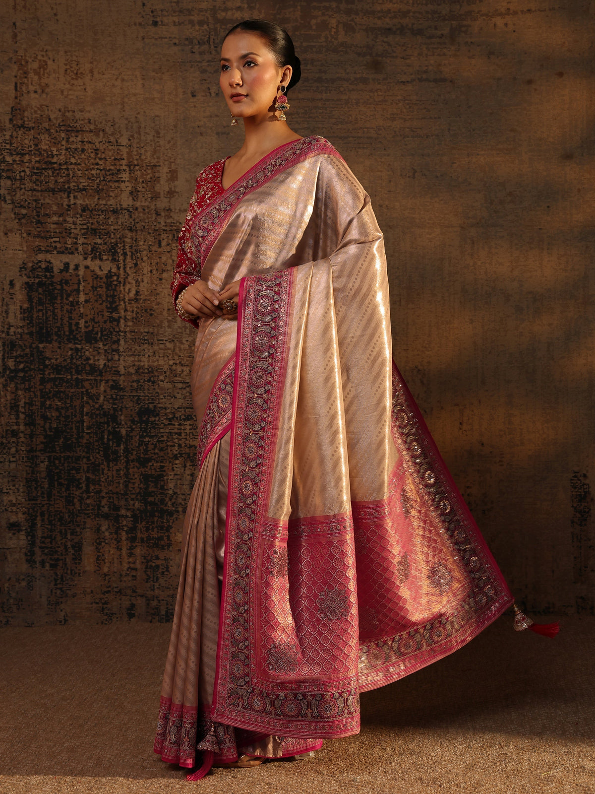 Libas Art Gold Ethnic Motifs Woven Design Silk Blend Saree With Unstitched Blouse Piece