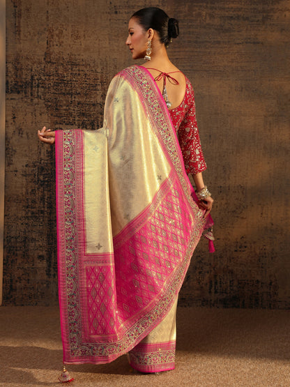 Libas Art Gold Ethnic Motifs Woven Design Silk Blend Saree With Unstitched Blouse Piece