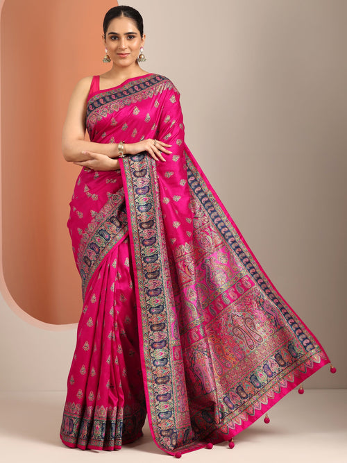 Libas Pink Printed Silk Blend Saree With Unstitched Blouse Piece