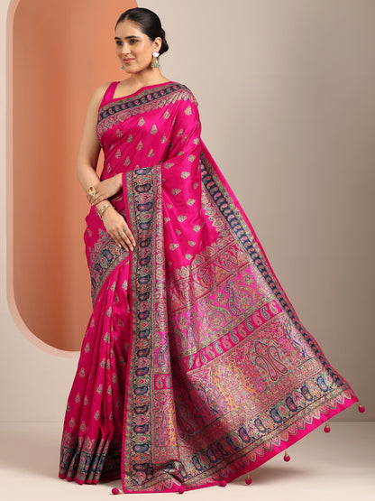 Libas Pink Printed Silk Blend Saree With Unstitched Blouse Piece
