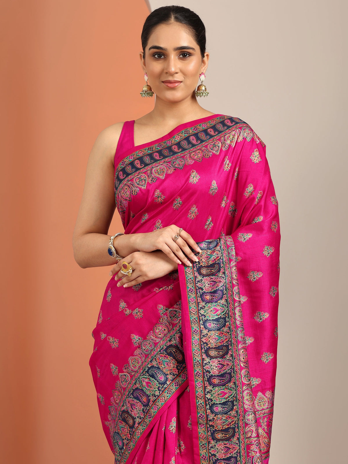 Libas Pink Printed Silk Blend Saree With Unstitched Blouse Piece