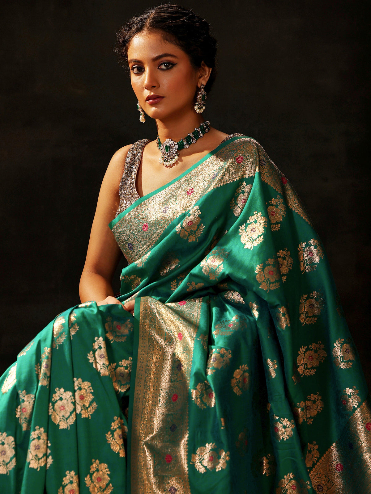 Libas Green Woven Design Silk Blend Saree With Unstitched Blouse Piece