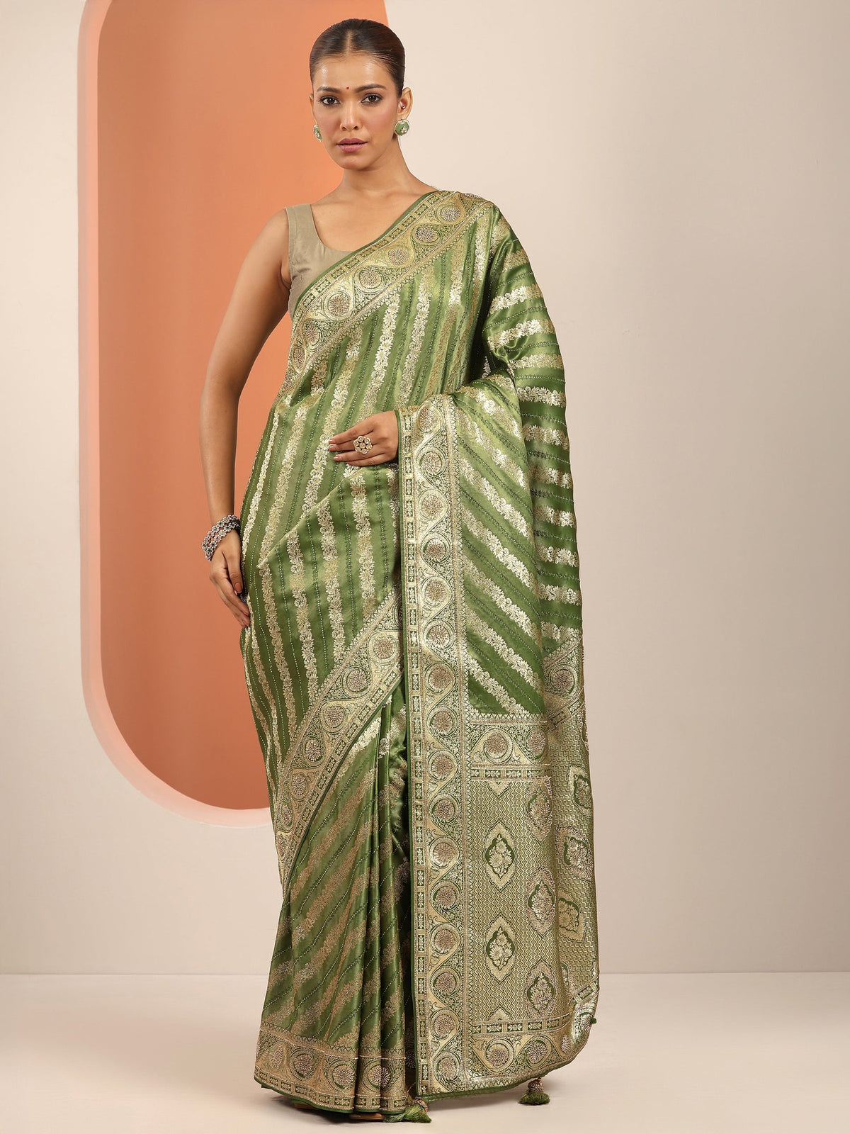 Libas Olive Woven Design Banarasi Silk Blend Saree With Unstitched Blouse Piece