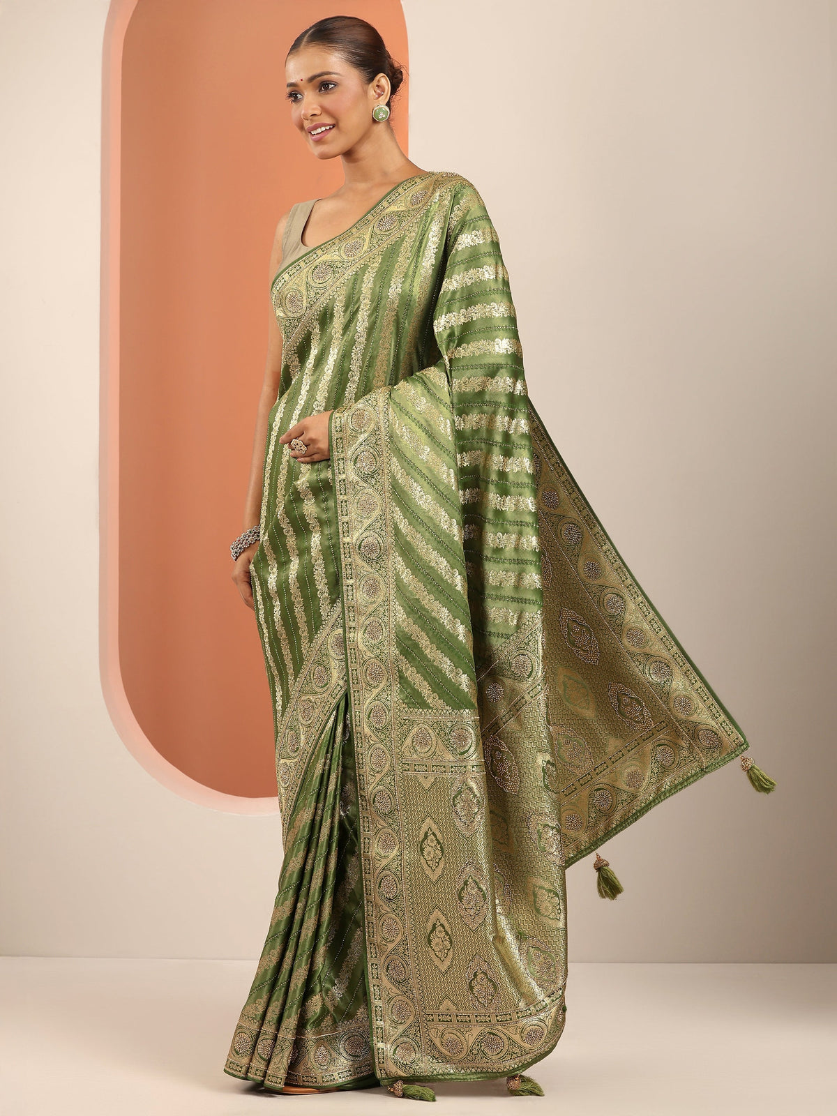 Libas Olive Woven Design Banarasi Silk Blend Saree With Unstitched Blouse Piece