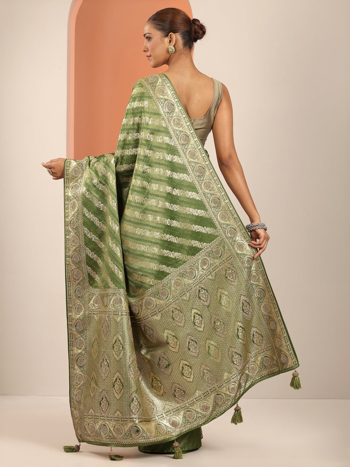Libas Olive Woven Design Banarasi Silk Blend Saree With Unstitched Blouse Piece