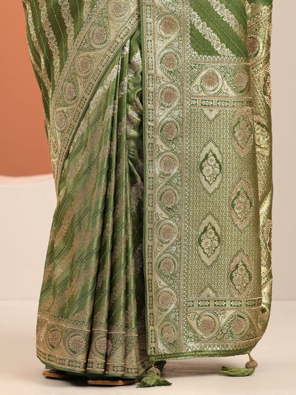 Libas Olive Woven Design Banarasi Silk Blend Saree With Unstitched Blouse Piece