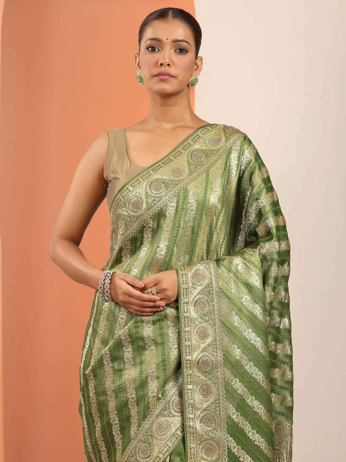 Libas Olive Woven Design Banarasi Silk Blend Saree With Unstitched Blouse Piece